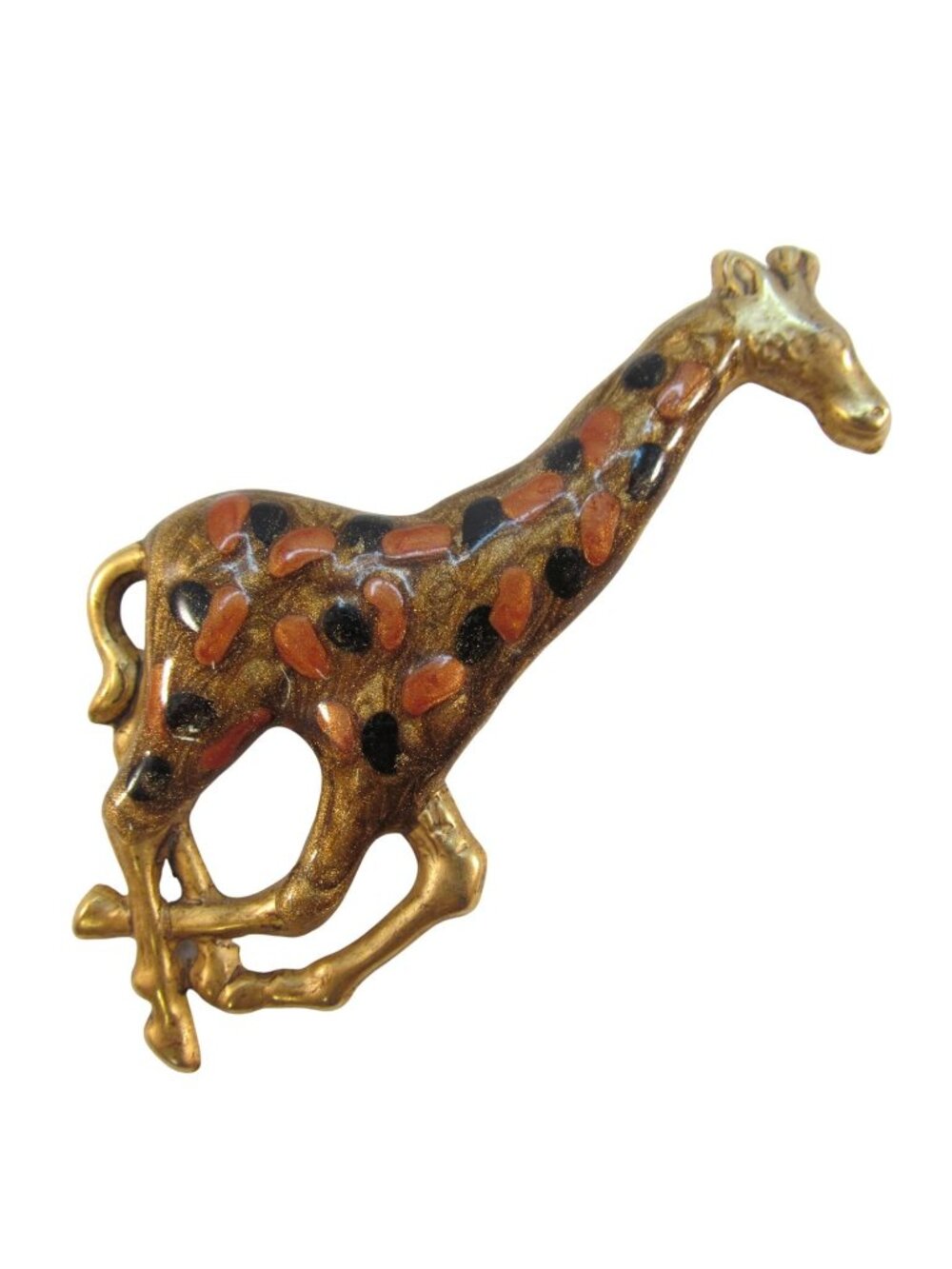 Vintage Whimsical Giraffe Brooch Gold Tone Black Pink Spotted Enamel Animal Pin